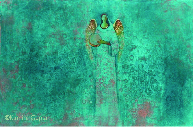 Painting of an angel holding a hand drum on a turquoise blue and copper background.